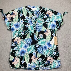 Land N Sea Top Women's Small Black Floral Hawaiian Tropical Coastal Popover‎ NEW